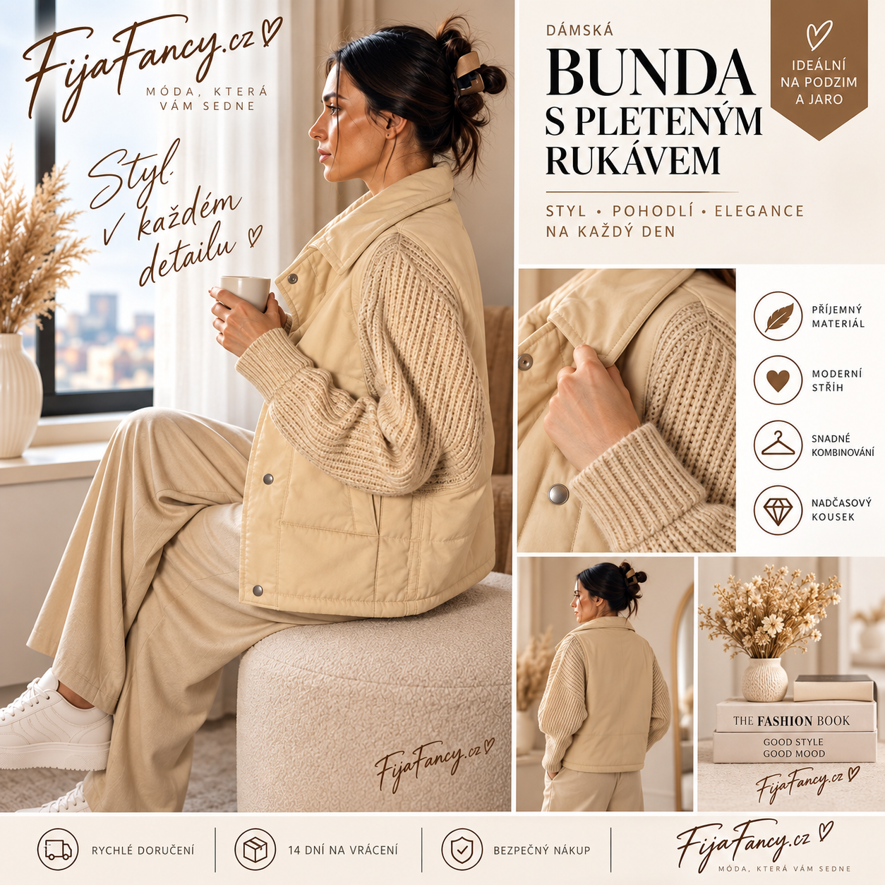 Béžová bunda s pletenými rukávy a límcem na modelce, doplněná detailem úpletu a pohledem zezadu.