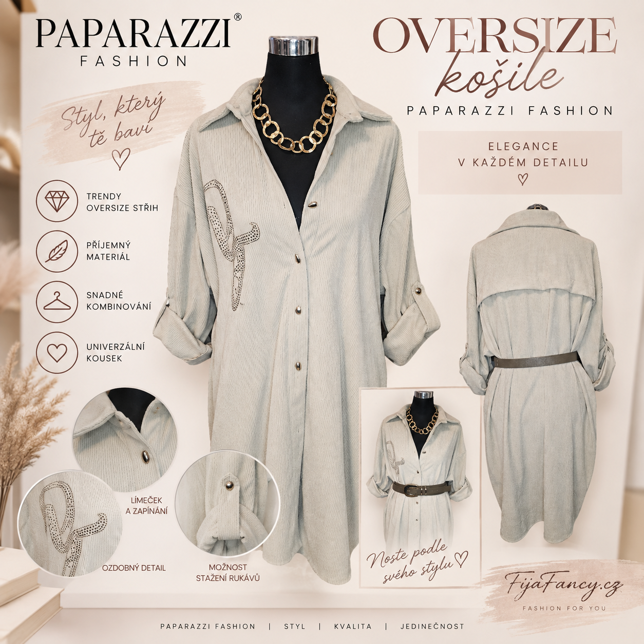 Stylová dámská oversize košile Paparazzi Fashion ve světlém odstínu s volným střihem, límečkem a ozdobným aplikovaným detailem. Skvěle funguje volně i stažená páskem.