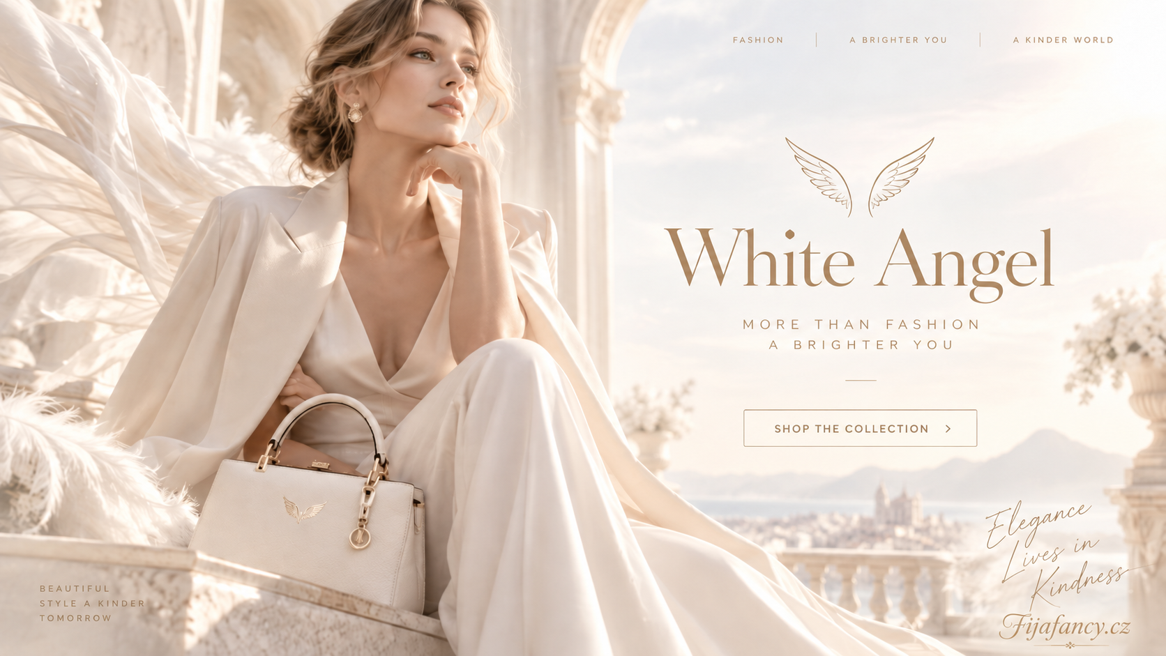 FijaFancy.cz – dámská móda, oblečení, kabelky a módní doplňky Žena v krémovém outfitu s béžovou kabelkou na banneru White Angel