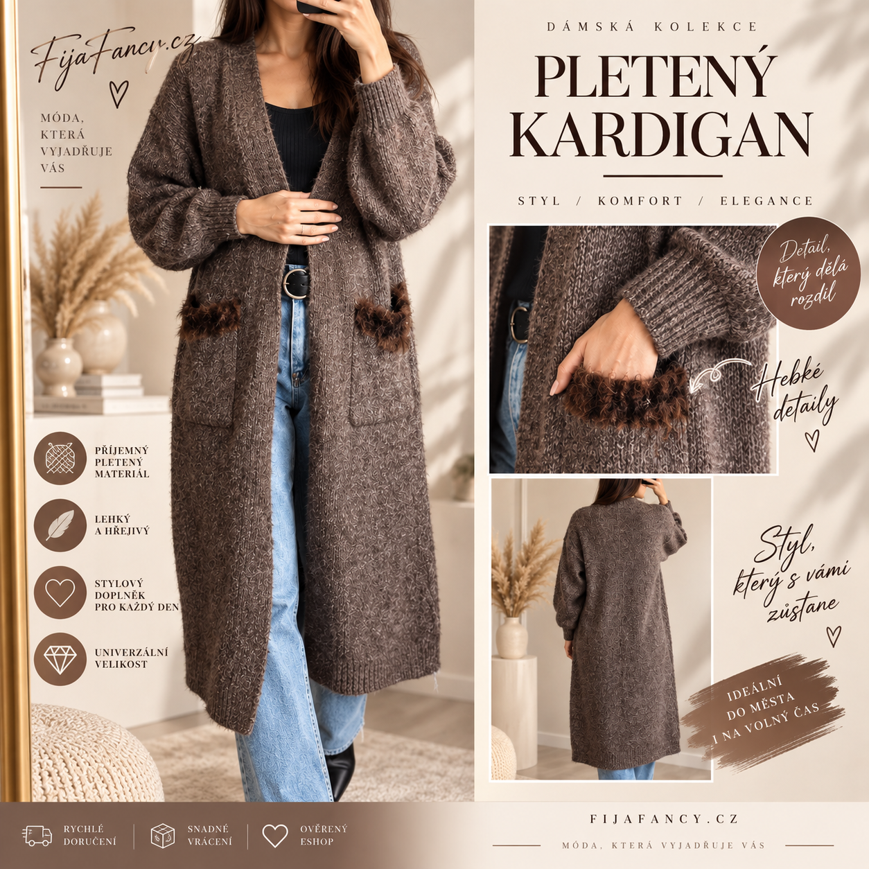 Dlouhý hnědý pletený kardigan s otevřeným předním dílem a zdobenými kapsami – FijaFancy.cz.