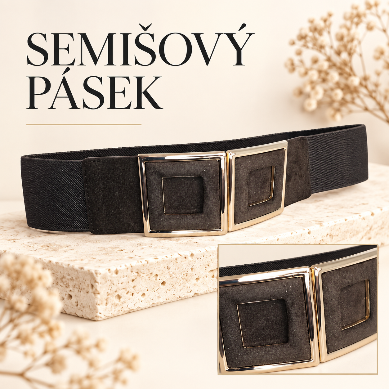 Široký tmavý semišový pásek s dvojitou hranatou sponou ve zlatém tónu – FijaFancy.cz.