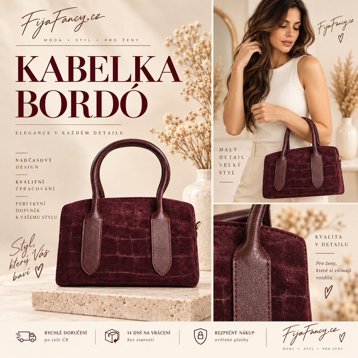 Bordó kabelka se dvěma uchy a výrazně strukturovaným povrchem – FijaFancy.cz.