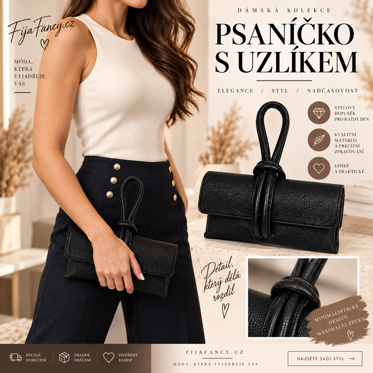 FijaFancy.cz – dámská móda, oblečení, kabelky a módní doplňky Černé psaníčko s klopou a výrazným uzlíkovým držadlem – FijaFancy.cz.